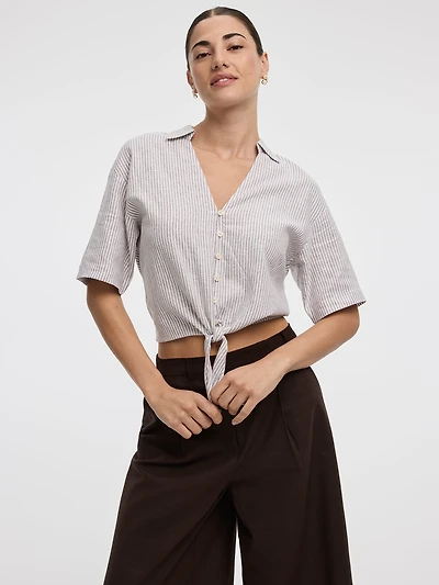 Striped Short-Sleeve V-Neck Blouse with Self-Tie Closure
