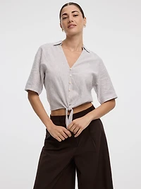 Striped Short-Sleeve V-Neck Blouse with Self-Tie Closure