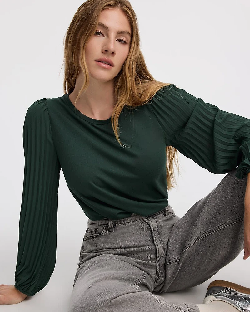 Pleated-Long-Sleeve Boat-Neck Mix-Media Top