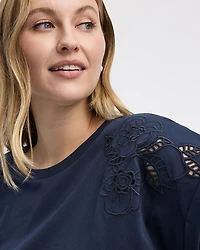 Extended-Sleeve Crew-Neck Tee with Crochet Details