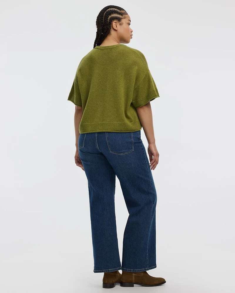 Cashmere-Blend Short-Sleeve Crew-Neck Loose Sweater