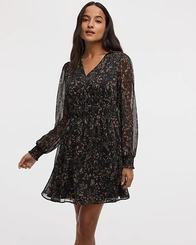 Long-Sleeve V-Neck Fit-and-Flare Mini Dress