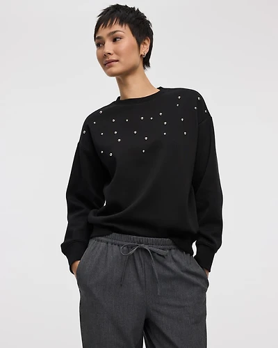Long-Sleeve Crew-Neck Fleece Sweatshirt with Rhinestones