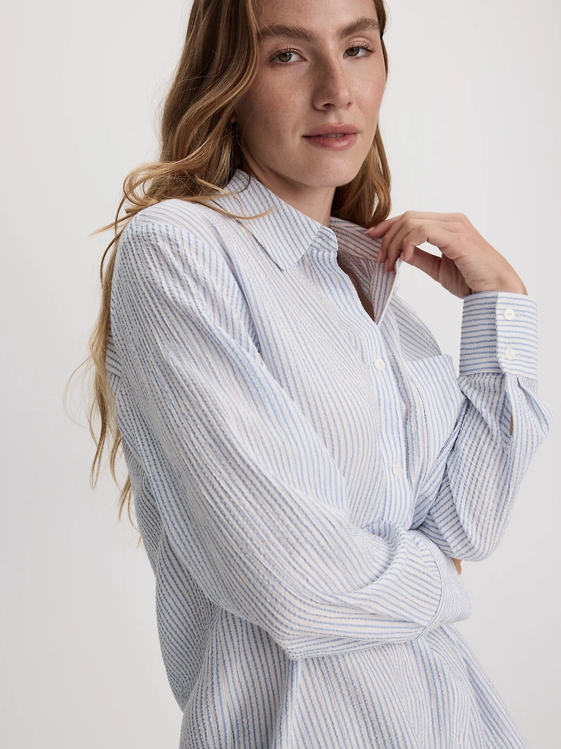 Blouse boutonnée gaufrée à rayures manches longues