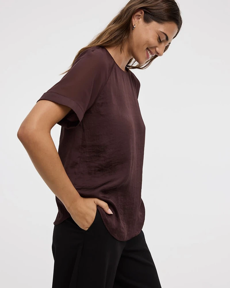 Short-Sleeve Crew-Neck Mix-Media Blouse