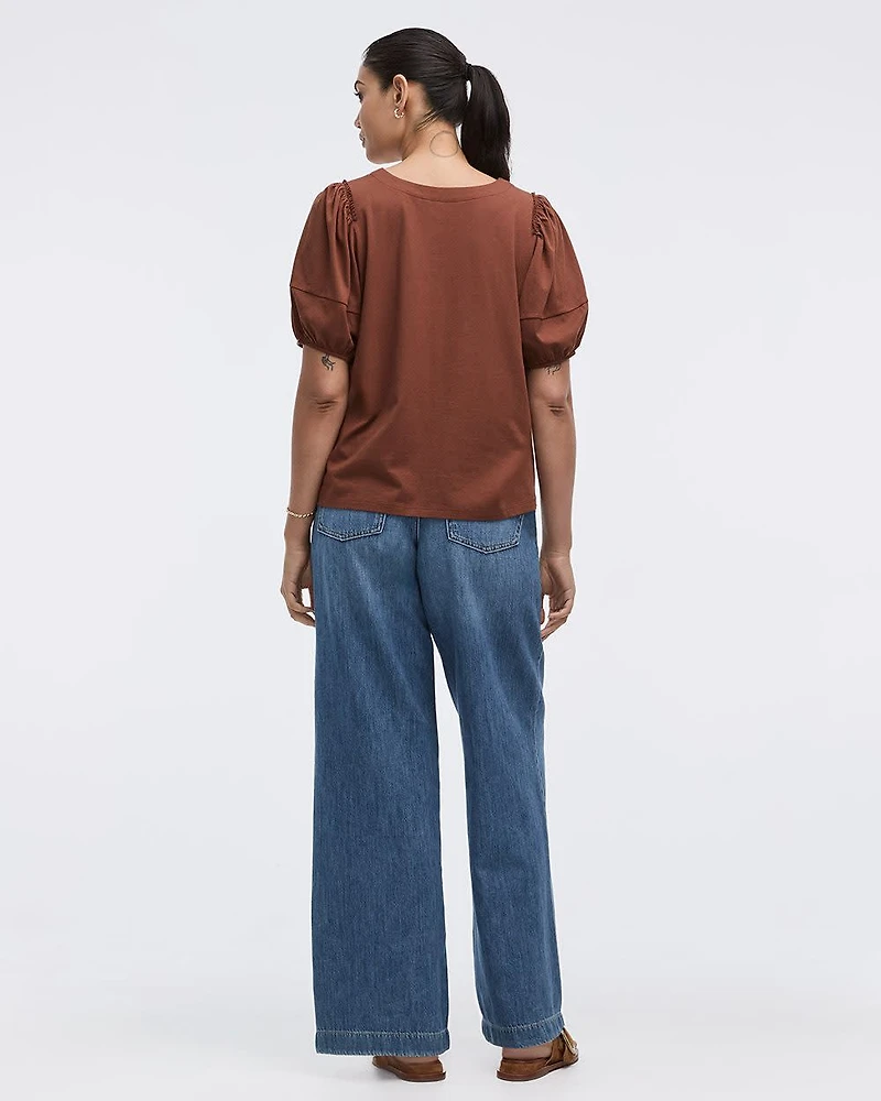 Puffy-Elbow-Sleeve Crew-Neck Top