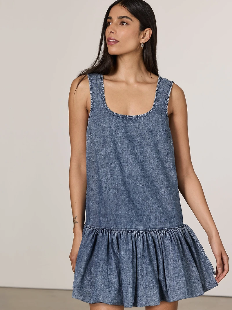 Denim Sleeveless Mini Dress with Bubble Hem