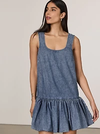 Denim Sleeveless Mini Dress with Bubble Hem