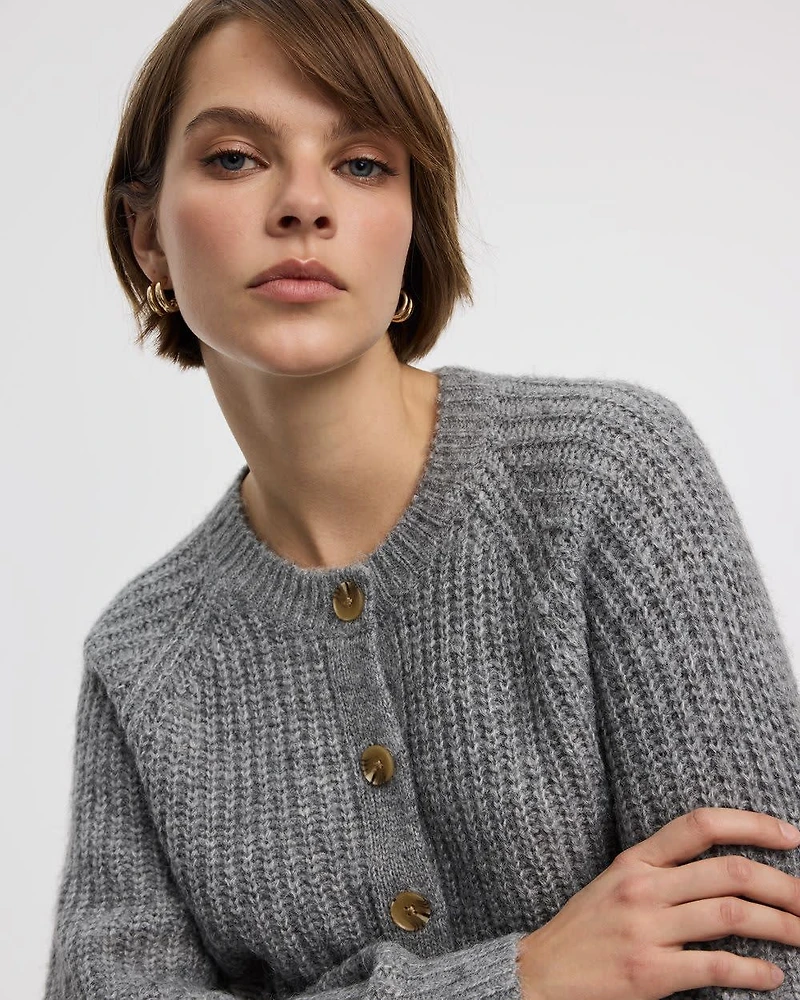 Long-Balloon-Sleeve Crew-Neck Cardigan