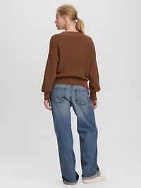 Long-Sleeve V-Neck Sweater with Half-Cardigan Stitches