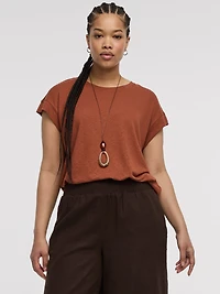 T-shirt en mélange de lin à manches très courtes et col rond