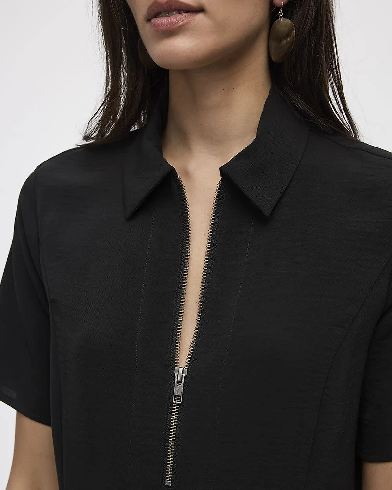 Short-Sleeve Satin Dress with Shirt Collar