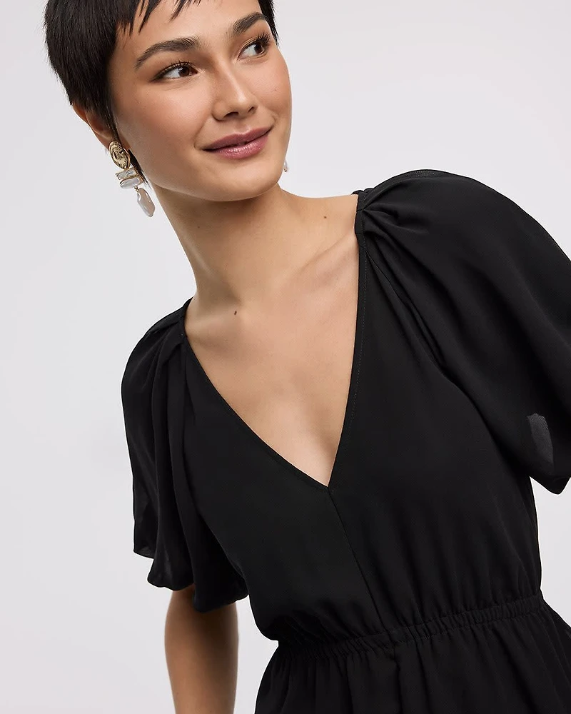 Short-Bubble-Sleeve V-Neck Blouse