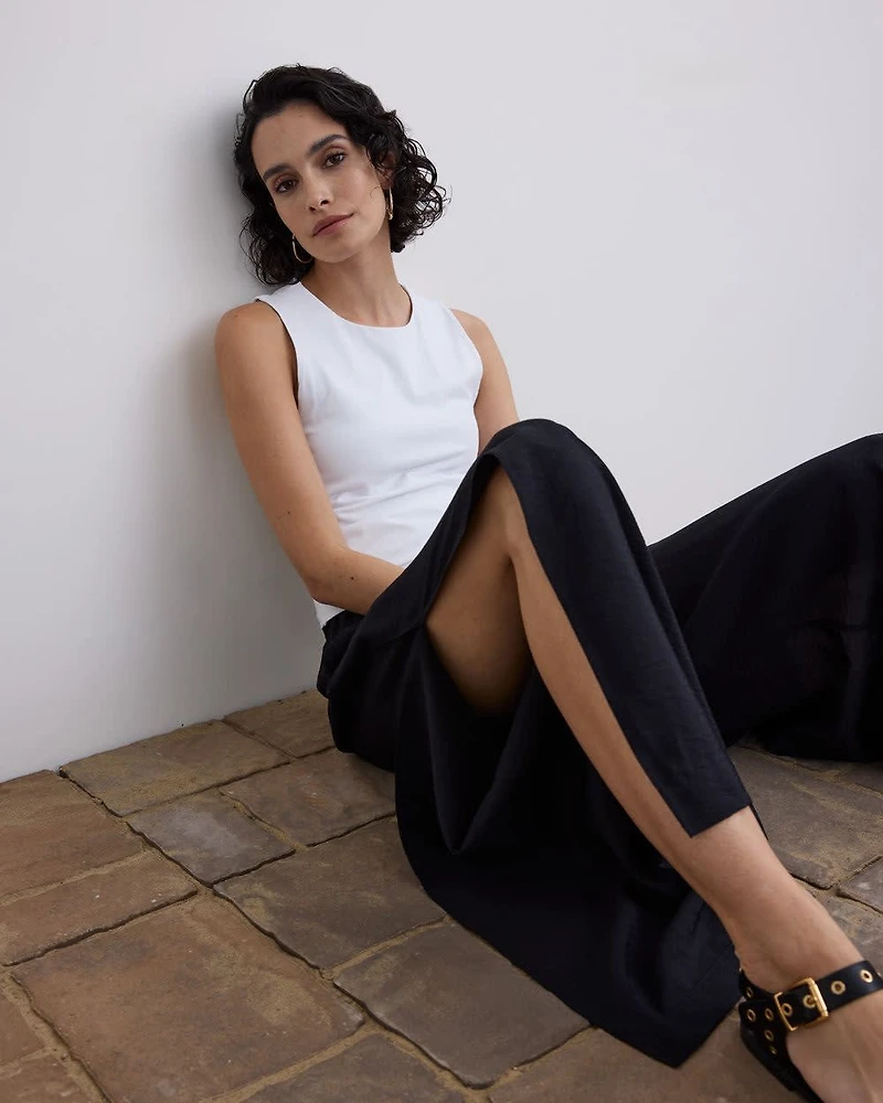 Pantalon à enfiler jambe large avec fente et taille haute