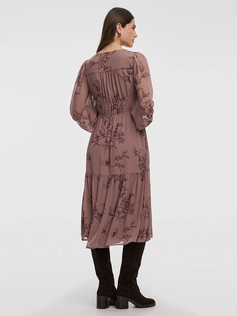 Robe midi à taille empire manches transparentes et col V