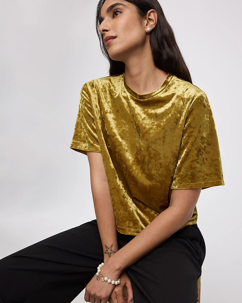 Short-Sleeve Crew-Neck Velvet Boxy Top
