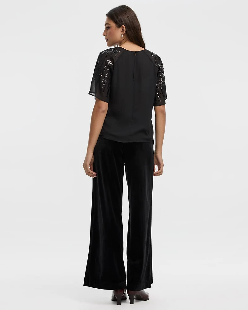 Crew-Neck Loose Blouse with Sequin Short Sleeves