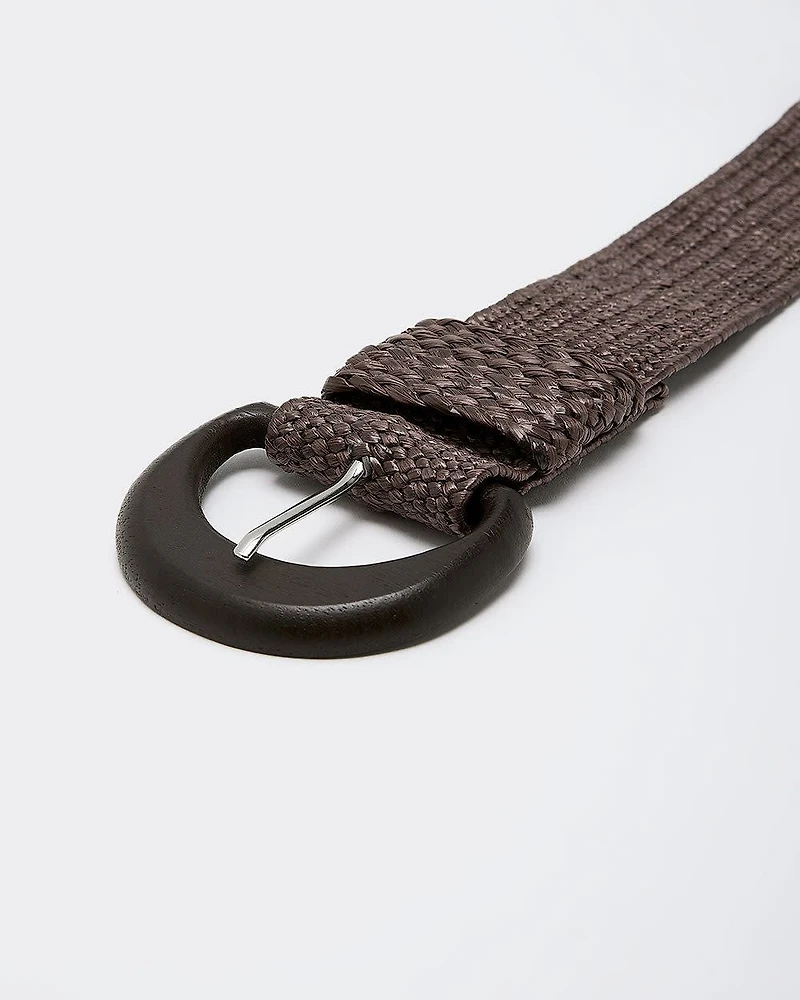 Elastic Straw Belt with Wooden Buckle