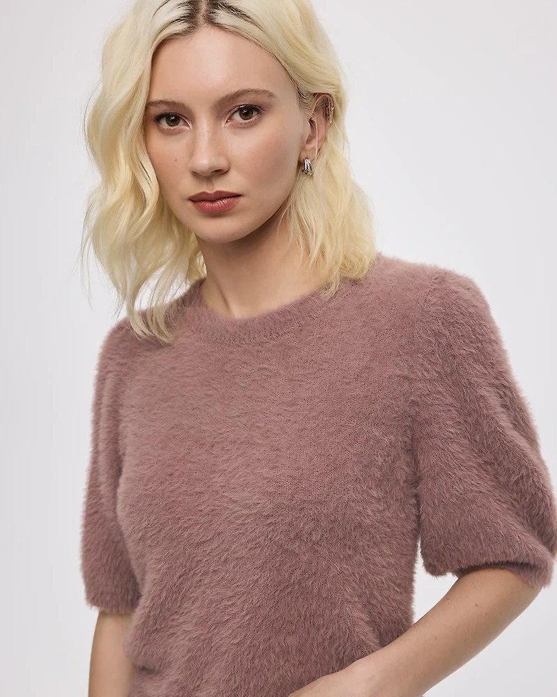 Short-Sleeve Crew-Neck Feather-Yarn Pullover