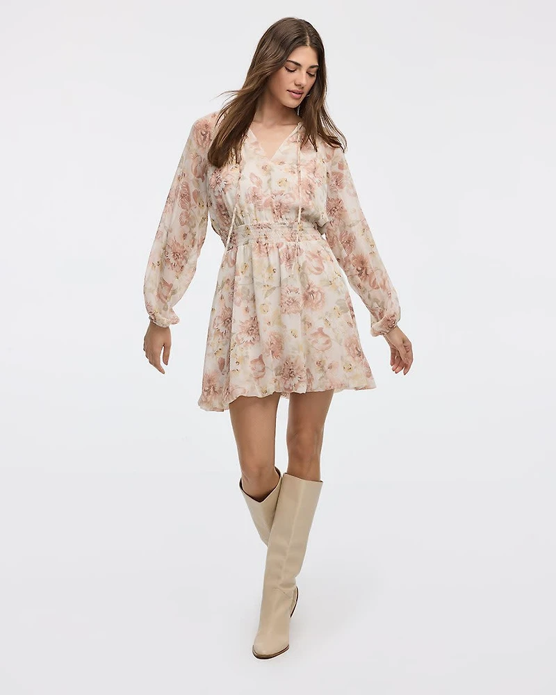 Mini-robe ballon à manches longues bouffantes et col V