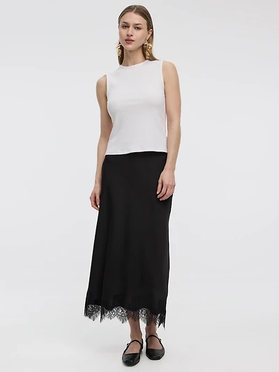 Satin A-Line Midi Skirt with Lace Trim