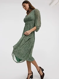 V-Neck Empire Midi Dress with Sheer Sleeves
