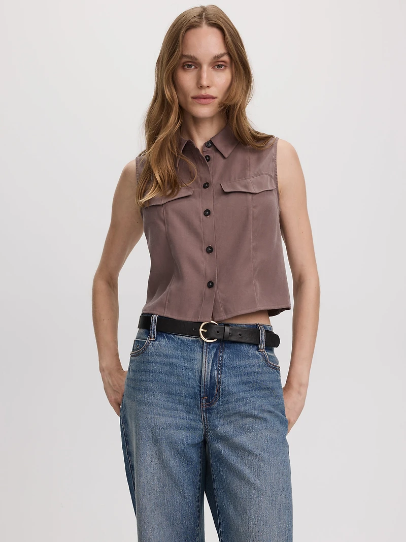 Sleeveless Buttoned-Down Blouse with Shirt Collar