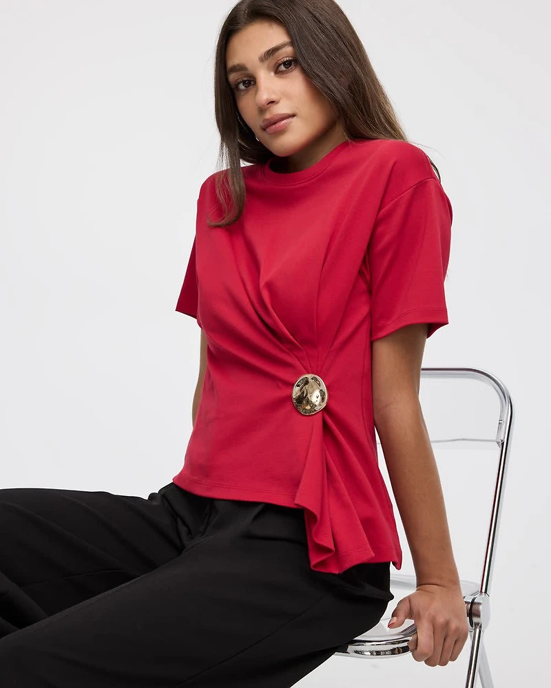 Short-Sleeve Crew-Neck Top with Cinched Waist