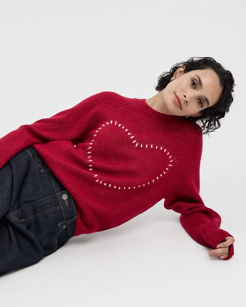 Long-Sleeve Crew-Neck Pullover with Heart Embroidery