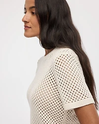 Short-Sleeve Crew-Neck Open-Stitch Pullover