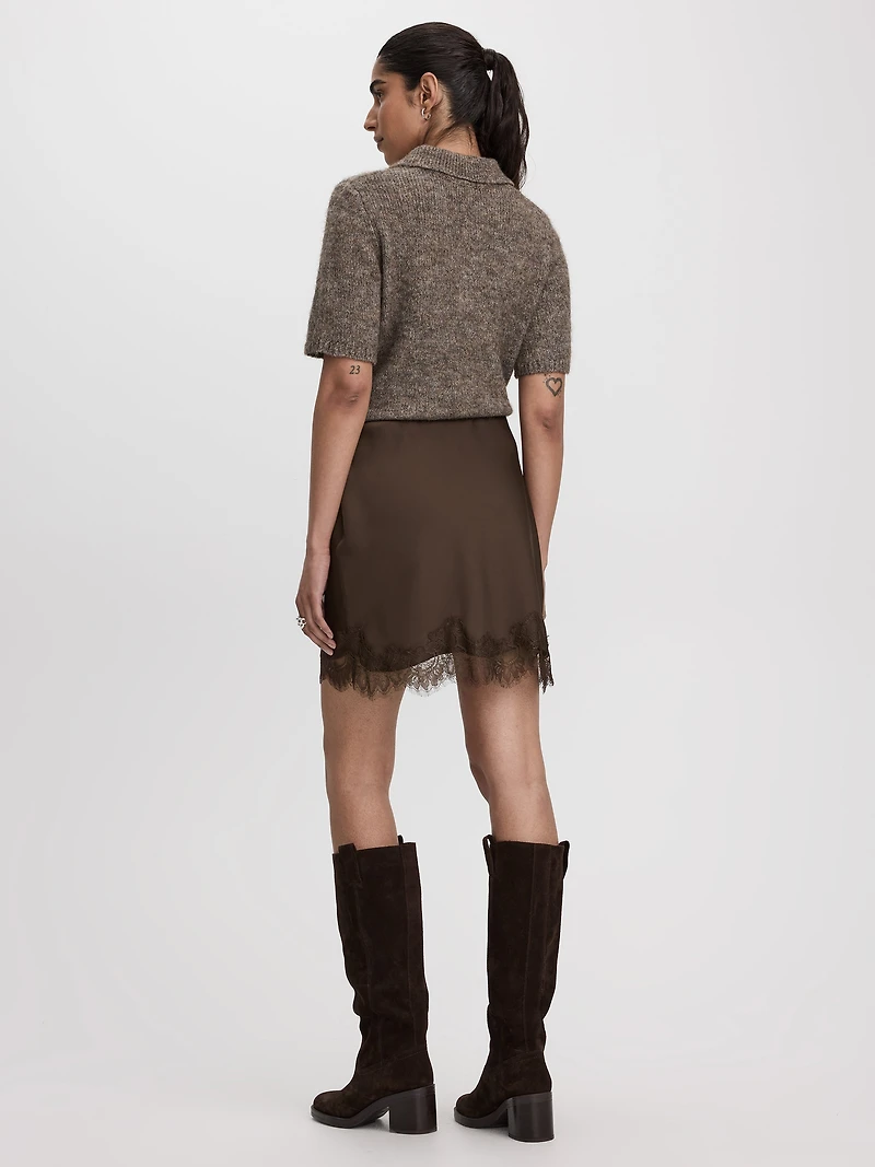 Satin Mini-Skirt with Lace Trim