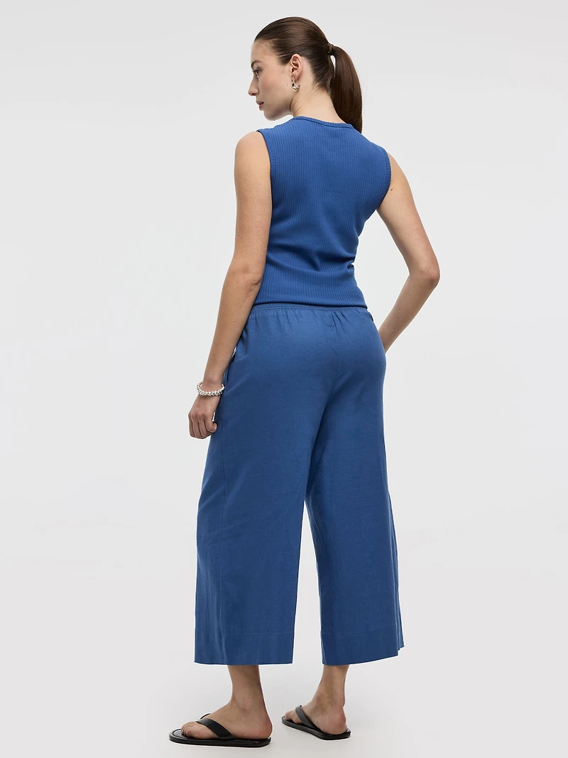 Pantacourt en mélange de lin à jambe large