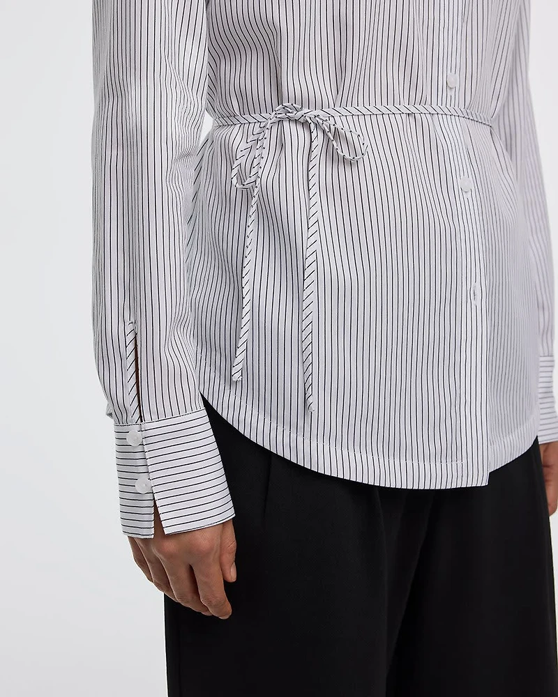 Striped Long-Sleeve Poplin Shirt with Self-Tie Sash