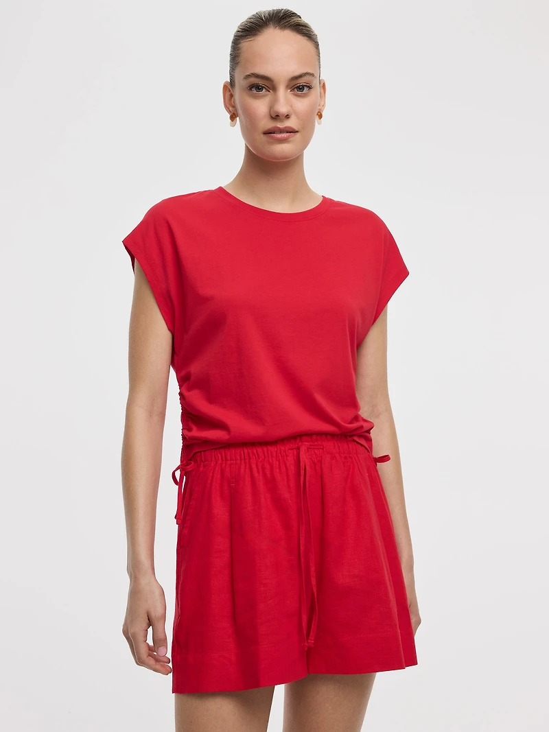 Extended-Sleeve Shirred Tee with Drawstrings
