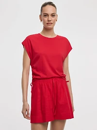 Extended-Sleeve Shirred Tee with Drawstrings