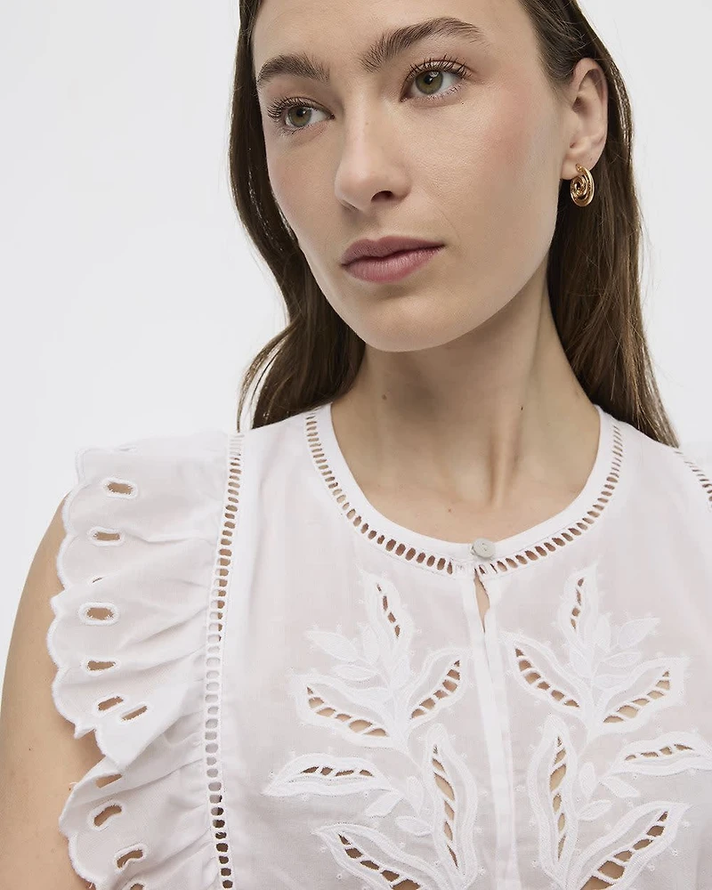 Extended-Sleeve Crew-Neck Blouse with Emboideries