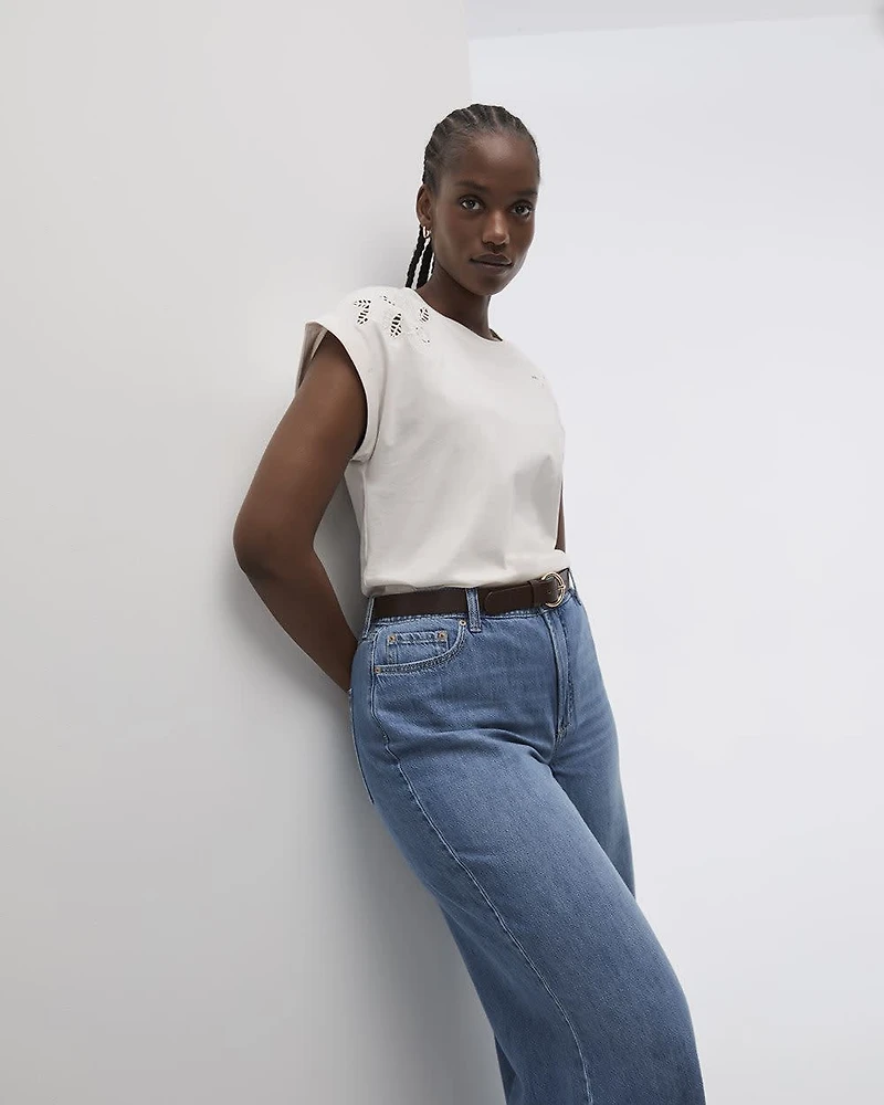 Extended-Sleeve Crew-Neck Tee with Crochet Details