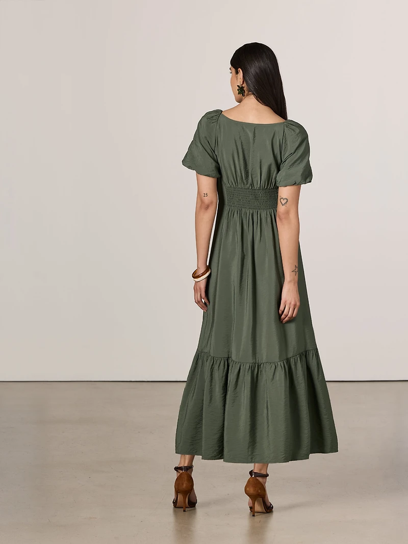 Short-Puffy-Sleeve Tiered Maxi Dress