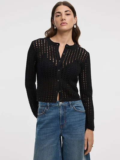 Cardigan à manches longues et col rond en mailles ajourées