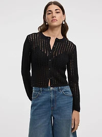 Cardigan à manches longues et col rond en mailles ajourées