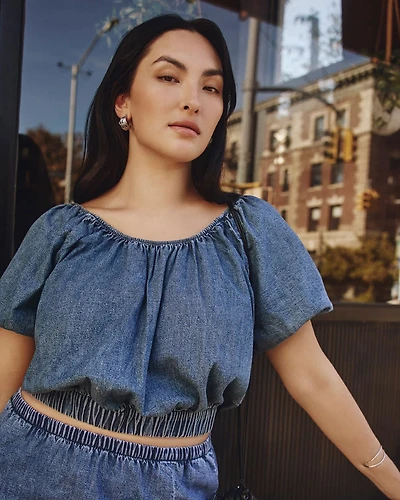 Short-Puffy-Sleeve Denim Top with Boat Neckline