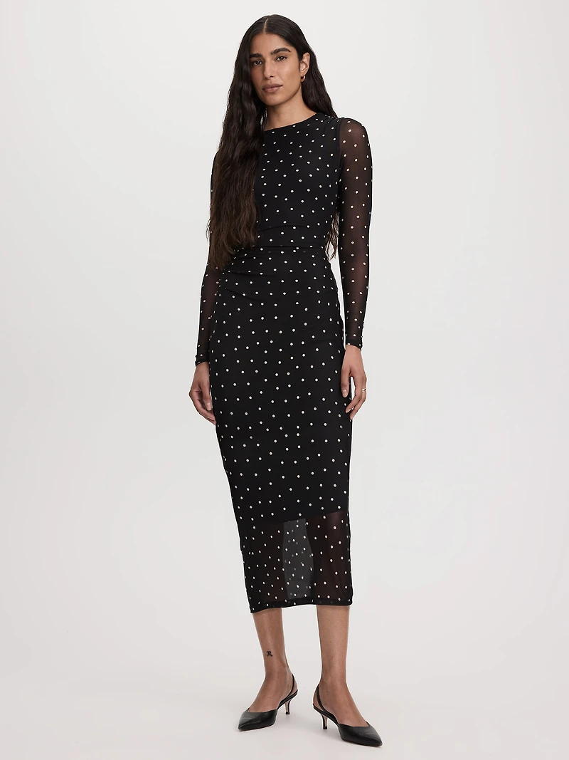 Long-Sleeve Mesh Midi Dress with Side Shirrings