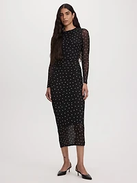 Long-Sleeve Mesh Midi Dress with Side Shirrings