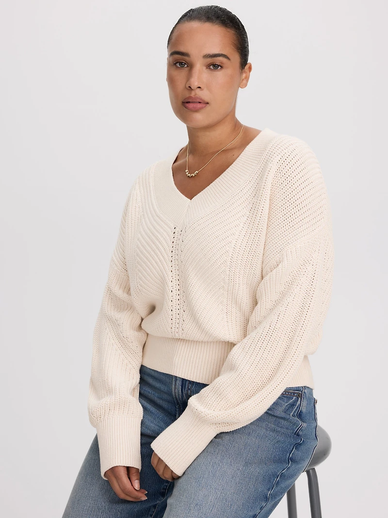 Pull à manches longues et col V en mailles demi-cardigan