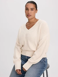 Pull à manches longues et col V en mailles demi-cardigan