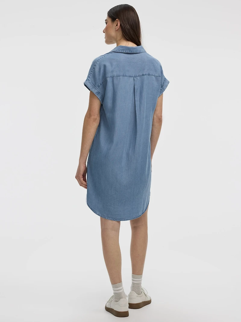 Extended-Sleeve Shift Dress with V Neckline