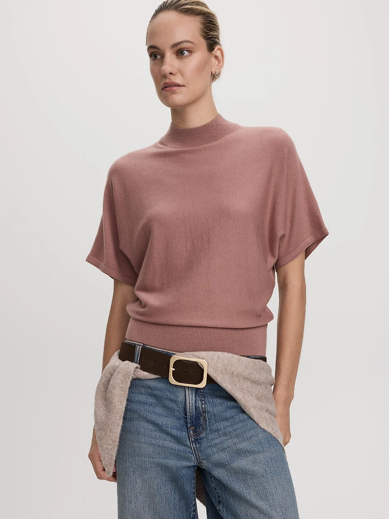 Pull avec laine mérinos à manches courtes et col montant