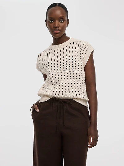 Pull à manches très courtes et col rond en mailles ajourées