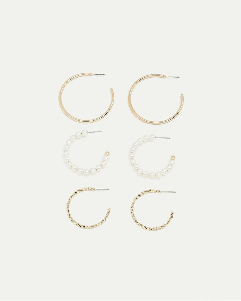 Pearl and Metal Hoops - 3 Pairs