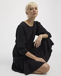 Puffy-Elbow-Sleeve Dress with Crew Neckline